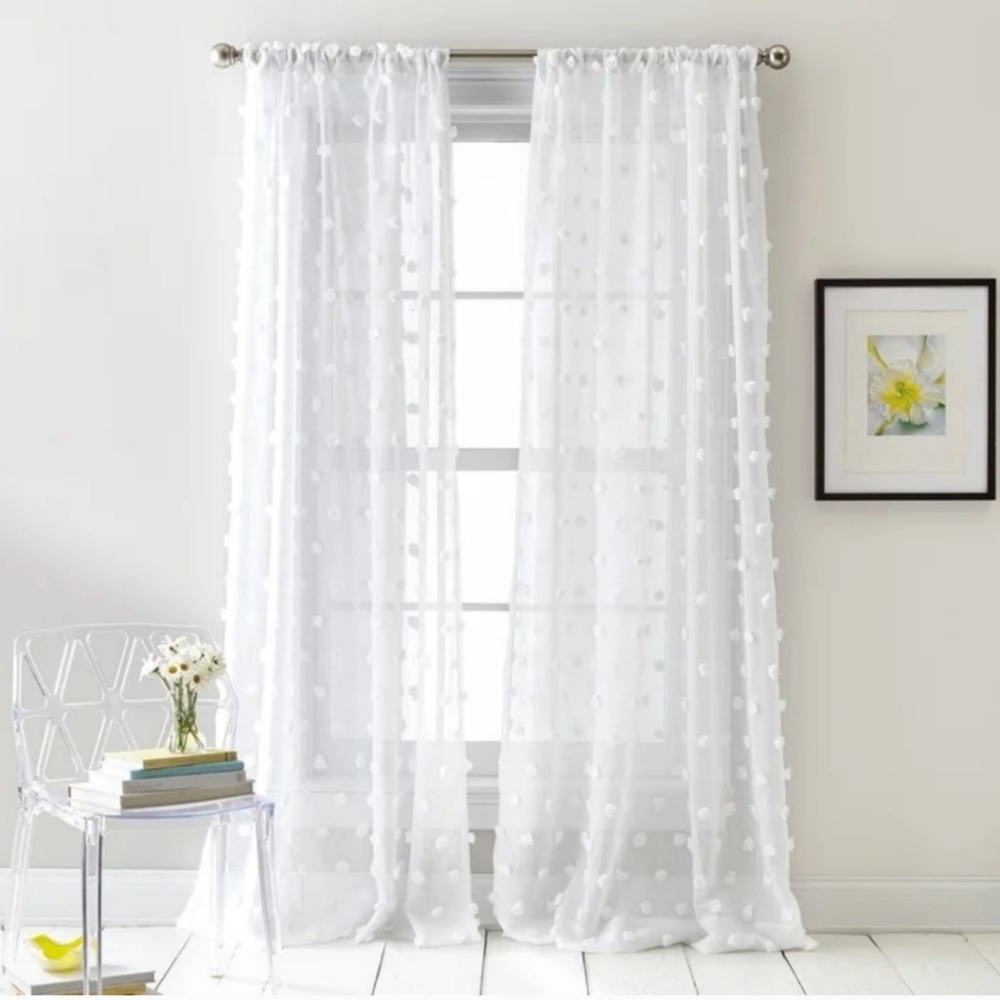 DKNY - (Two) ELLA Panel Pom Pom White Curtains - 84L x 49W - Exc